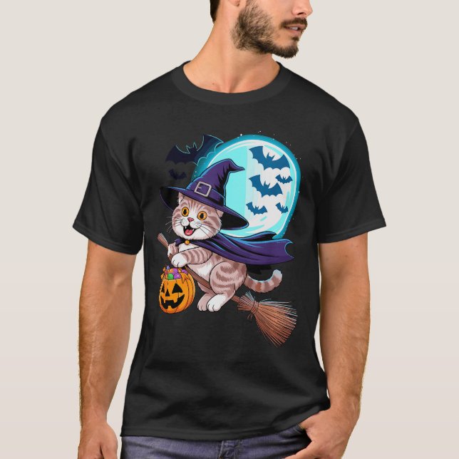 Halloween Witch Scottish Fold Moon Coupari  T-Shirt (Front)