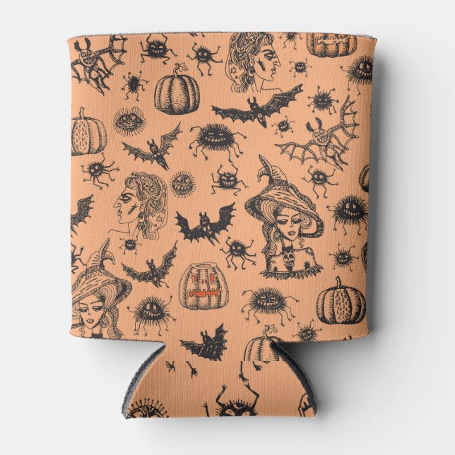 Halloween Witch Silhouette: Cartoon Pattern. Can Cooler (Front)
