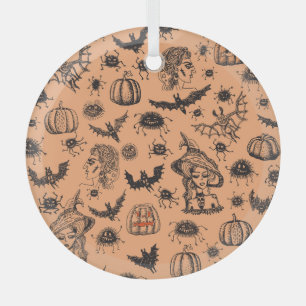 Halloween Witch Silhouette: Cartoon Pattern. Glass Ornament