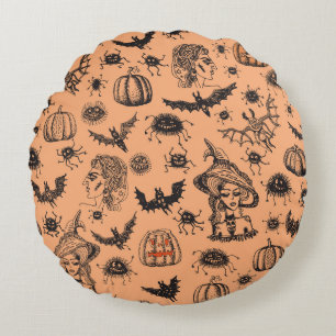 Halloween Witch Silhouette: Cartoon Pattern. Round Pillow