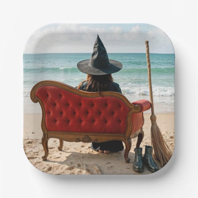 Halloween Witch Sitting On a Seashore Sofa Paper Plate (Front)