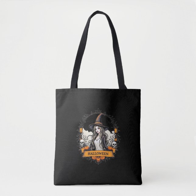 Halloween Witch & Skull Tote Bag (Front)