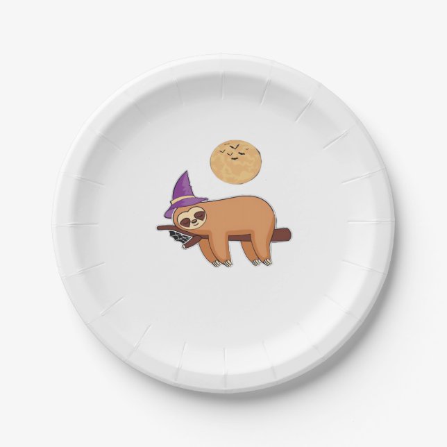 Halloween Witch Sloth Premium T-Shirt Paper Plate (Front)