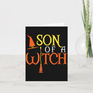 Halloween witch son hat and broom stick trick card