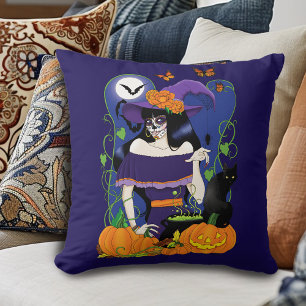 Halloween Witch Sugar Skull Throw Pillow