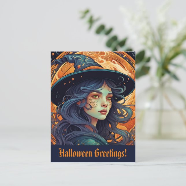 Halloween Witch Theme Greetings Postcard (Standing Front)