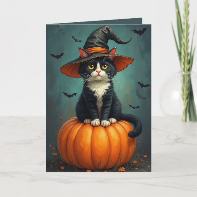 Halloween Witch Tuxedo Cat On A Pumpkin Card (Front)
