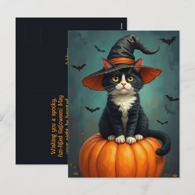Halloween Witch Tuxedo Cat On A Pumpkin Holiday Postcard (Front/Back)