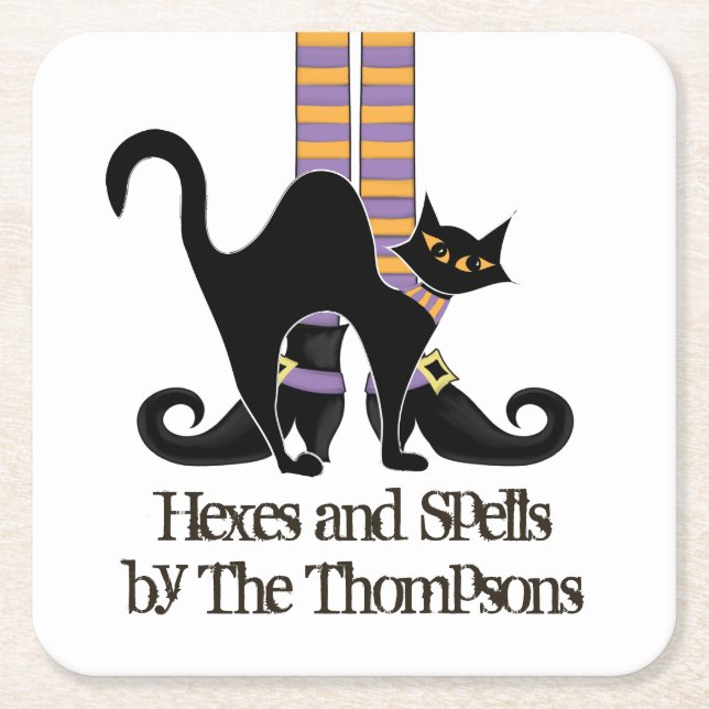 Halloween Witch with Black Cat Cute Whimsical Square Paper Coaster (Front)