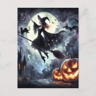 Halloween Witch with Broom and Cat Postcard