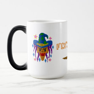 Halloween Witch with Broom – Pixel Art Magic Mug