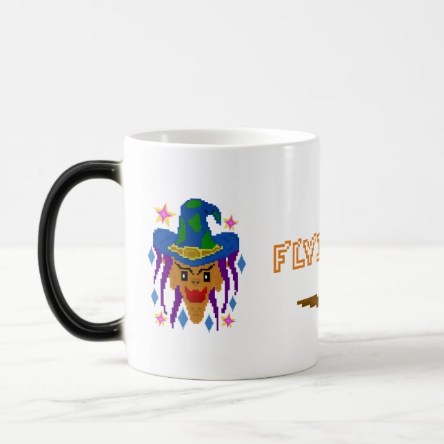 Halloween Witch with Broom – Pixel Art Magic Mug (Left)