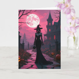 Halloween witch with fuchsia night sky Card
