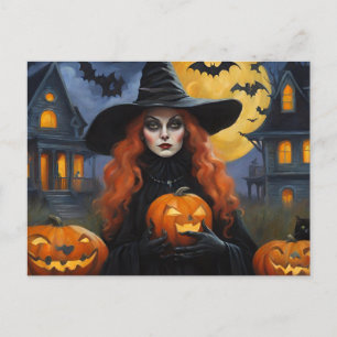 Halloween Witch with Jack O'Lantern Illustration  Holiday Postcard