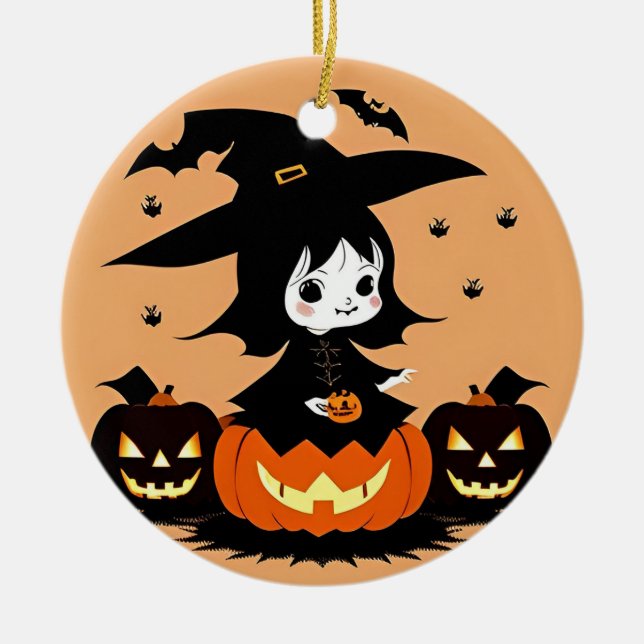 Halloween Witch with Pumpkins Ceramic Ornament (Front)