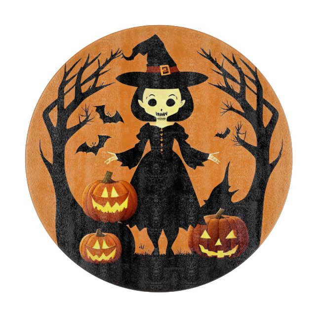 Halloween Witch with Pumpkins in Spooky Setting Cutting Board (Front)