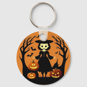 Halloween Witch with Pumpkins in Spooky Setting Keychain