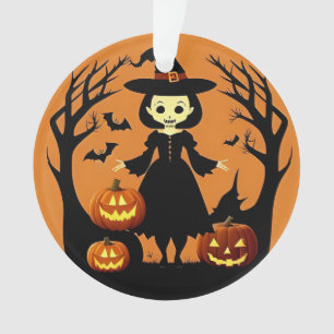 Halloween Witch with Pumpkins in Spooky Setting Ornament
