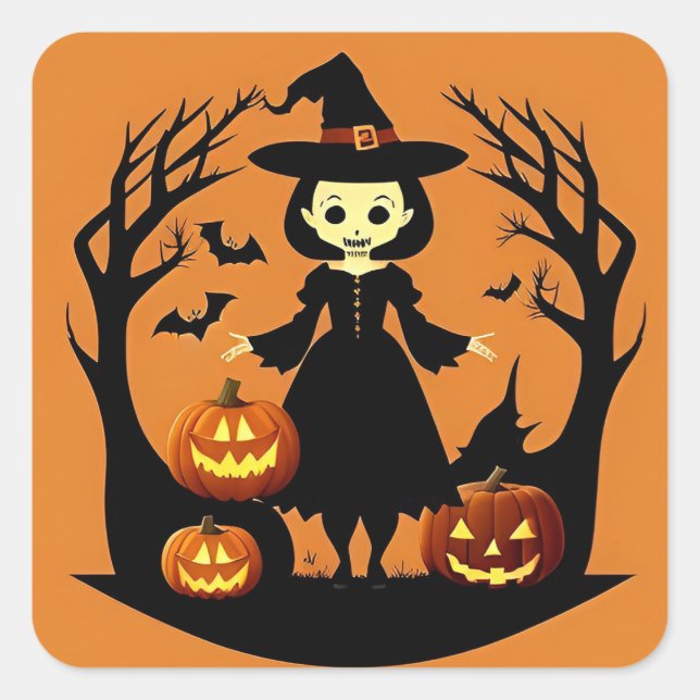 Halloween Witch with Pumpkins in Spooky Setting Square Sticker (Front)