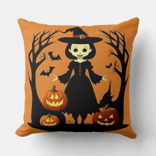 Halloween Witch with Pumpkins in Spooky Setting Throw Pillow