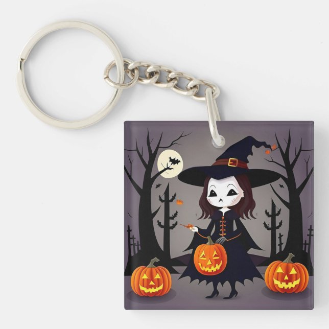 Halloween Witch with Pumpkins Keychain (Front)