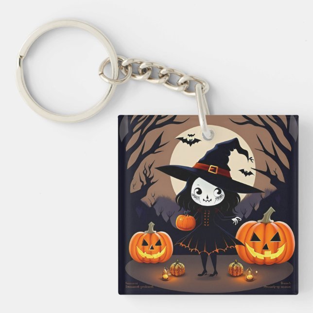 Halloween Witch with Pumpkins Keychain (Front)