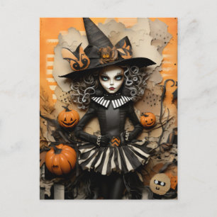 Halloween witch with pumpkins postcard