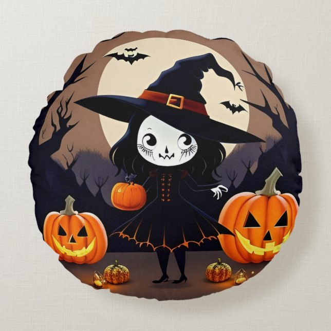 Halloween Witch with Pumpkins Round Pillow (Front)