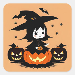 Halloween Witch with Pumpkins Square Sticker