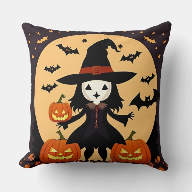 Halloween Witch with Pumpkins Throw Pillow (Front)
