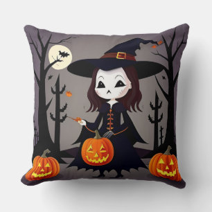 Halloween Witch with Pumpkins Throw Pillow