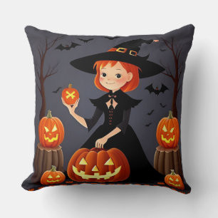 Halloween Witch with Pumpkins Throw Pillow
