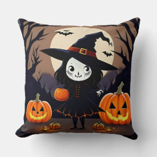 Halloween Witch with Pumpkins Throw Pillow