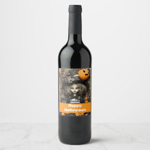 Halloween witch with pumpkins wine label