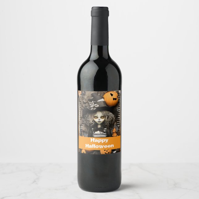 Halloween witch with pumpkins wine label (Front)