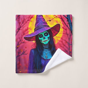 Halloween Witch with Skull Face Design Bath Towel Set