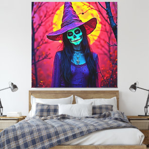 Halloween Witch with Skull Face Design Canvas Print