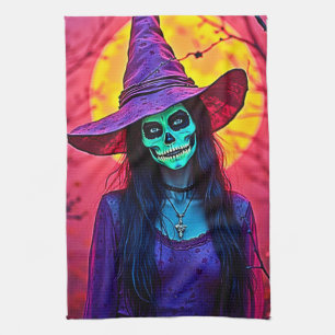 Halloween Witch with Skull Face Design Kitchen Towel