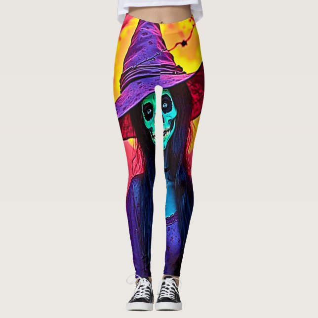 Halloween Witch with Skull Face Design Leggings (Front)