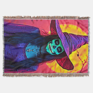 Halloween Witch with Skull Face Design Throw Blanket