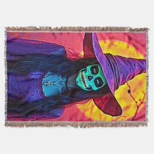 Halloween Witch with Skull Face Design Throw Blanket (Front)