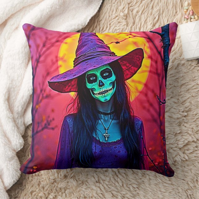 Halloween Witch with Skull Face Design Throw Pillow (Blanket)