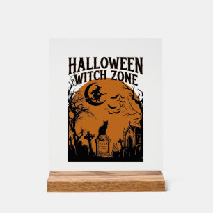 Halloween Witch Zone Black Cat Graveyard Bats Moon Acrylic Sign