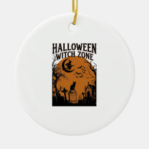 Halloween Witch Zone Black Cat Graveyard Bats Moon Ceramic Ornament