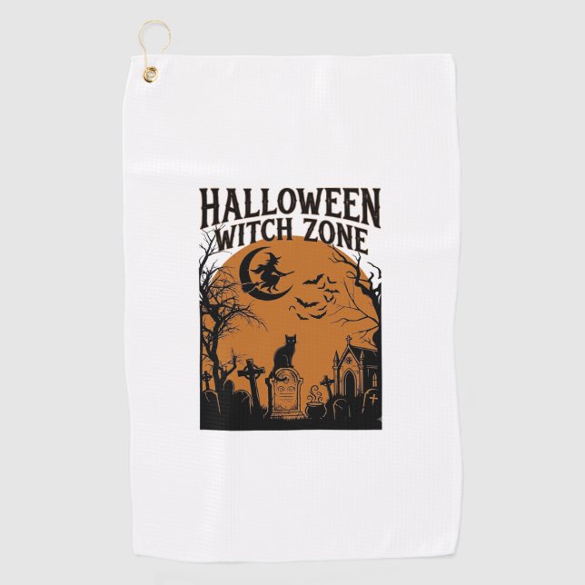 Halloween Witch Zone Black Cat Graveyard Bats Moon Golf Towel (Front)