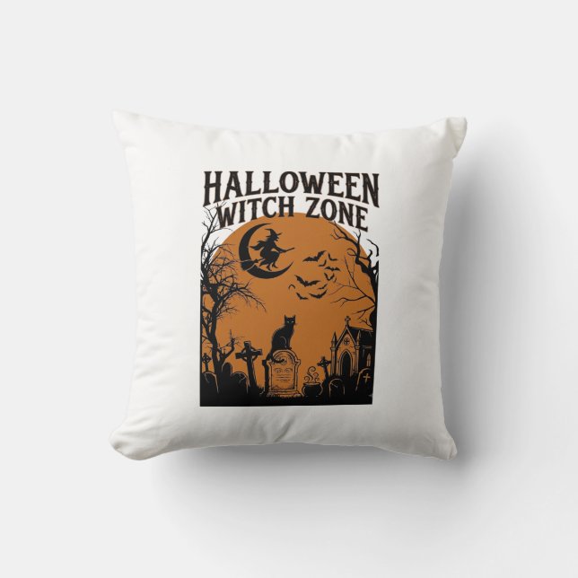 Halloween Witch Zone Black Cat Graveyard Bats Moon Throw Pillow (Front)