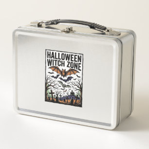 Halloween Witch Zone Vintage Graveyard Bats Design Metal Lunch Box