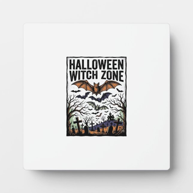 Halloween Witch Zone Vintage Graveyard Bats Design Plaque (Front)