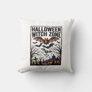 Halloween Witch Zone Vintage Graveyard Bats Design Throw Pillow