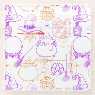 Halloween Witchcraft Pattern Neon 01 Glass Coaster